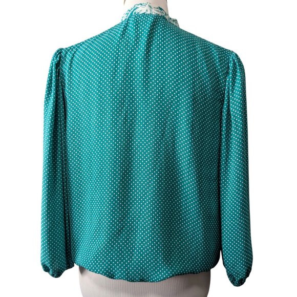 Vintage Diane Freis Women Sz M? Georgette Green Polka Dot Tie Balloon Sleeve Top - Picture 3 of 8